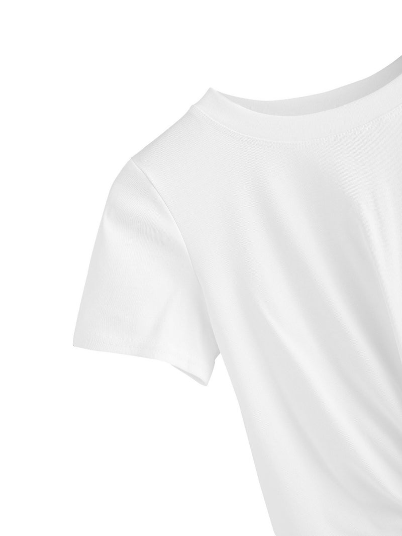 MakeMeChic Women's Summer Crop Top Solid Short Sleeve Twist Front Tee T-Shirt A-White L - Image 3